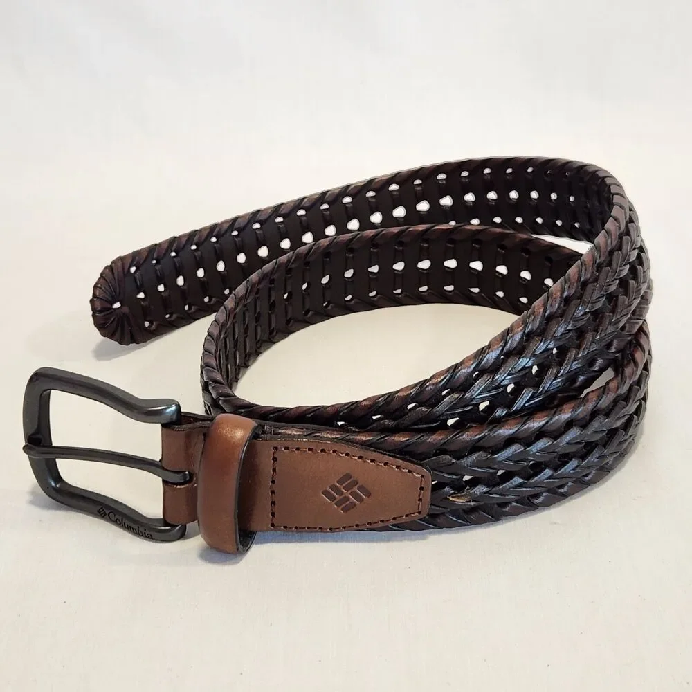 Columbia Mens Braided Belt Dark Brown Woven Leather Trim Small 30-32 11CO140001